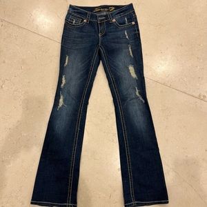 Seven jeans distressed, contrast stitching, flares